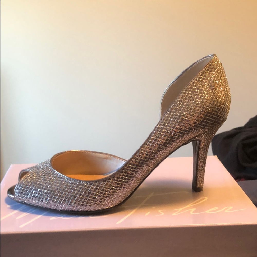 Shiny peep toe heel by Marc Fisher